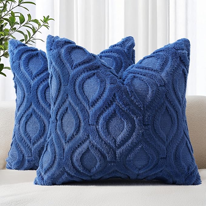 decorUhome Spring Euro Sham Throw Pillow Covers 24x24 Inch Set of 2, Soft Plush Faux Wool Dark Blue Solid Couch Pillow Covers, Accent Farmhouse Neutral Square Pillow Cases for Sofa Bed Living Room