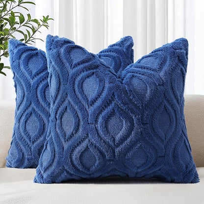 decorUhome Spring Euro Sham Throw Pillow Covers 24x24 Inch Set of 2, Soft Plush Faux Wool Dark Blue Solid Couch Pillow Covers, Accent Farmhouse Neutral Square Pillow Cases for Sofa Bed Living Room