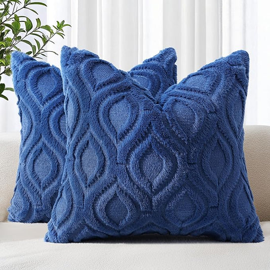 decorUhome Spring Euro Sham Throw Pillow Covers 24x24 Inch Set of 2, Soft Plush Faux Wool Dark Blue Solid Couch Pillow Covers, Accent Farmhouse Neutral Square Pillow Cases for Sofa Bed Living Room