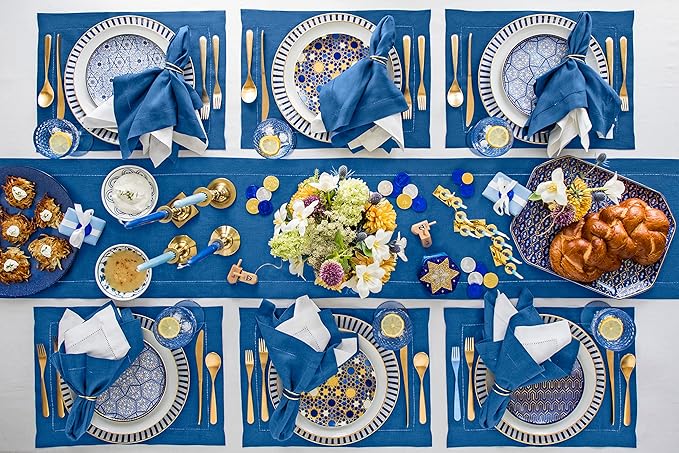 Solino Home Linen Napkins Set of 4 - Classic Hemstitch 100% Pure Linen Indigo Blue Dinner Napkins Cloth 20 x 20 Inch for New Year - Handcrafted and Machine Washable