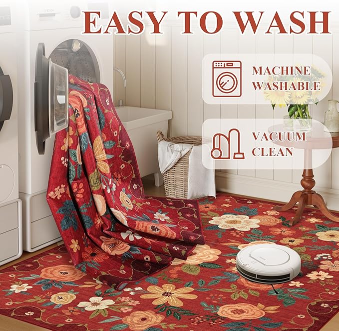 DUKINO 2x3 Rugs for Entryway, Floral Indoor Washable Door Mat, Non Slip Boho Small Rug for Kitchen, Soft Low Pile Front Door Throw Rug for Entrance, Bedroom, Kitchen, Laundry, Bathroom, Red