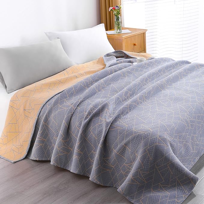 NTBAY 3 Layers Cotton Muslin 106x92 King Bed Blanket, Super Soft Breathable Thermal Yarn Dyed Quilt for Adults, Perfect Lightweight Blanket for Couch Sofa Bed All Seasons, Yellow Triangle