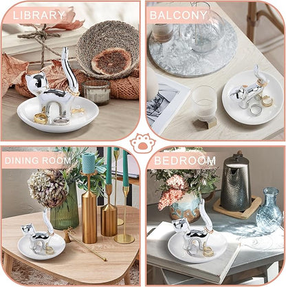 OSOPOLA Ceramic Silver Cat Jewelry Tray - Decorative Ring Holder Dish Key Tray Cute Jewelry Plate Trinket for Earrings,Necklaces,Women,Home Decor,Christmas Birthday Mother's Day Gifts HE02CT