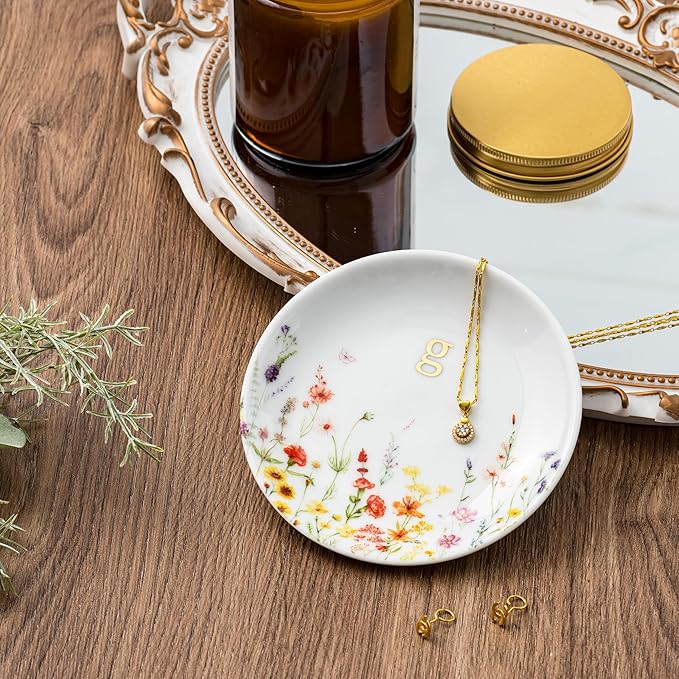 Crisky Initial Jewelry Tray Ring Dish & Gift Box, Ceramic Flower Trinket Dish for Rings Earrings Necklaces Keys, Bridal Shower Engagement Birthday Gift for Women, Friends 4.57" (Gold Foil G
