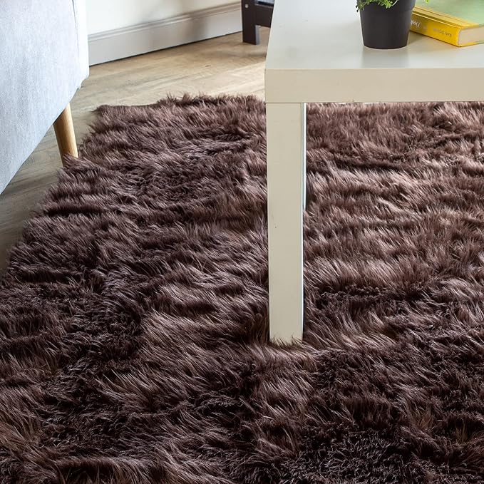 Super Area Rugs Ultra Soft & Fluffy Faux Sheepskin Rug, Dark Brown 6 x 9 Feet Carpet for Bedroom Living Room
