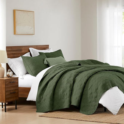 WDCOZY 100% Cotton Twin Size Quilt Set - Olive Green Pre-Washed Soft Lightweight Modern Bedspread, Farmhouse Country Rustic Coverlet, Textured Like Linen, Shabby Chic Gauze Bedding, 2 Pieces