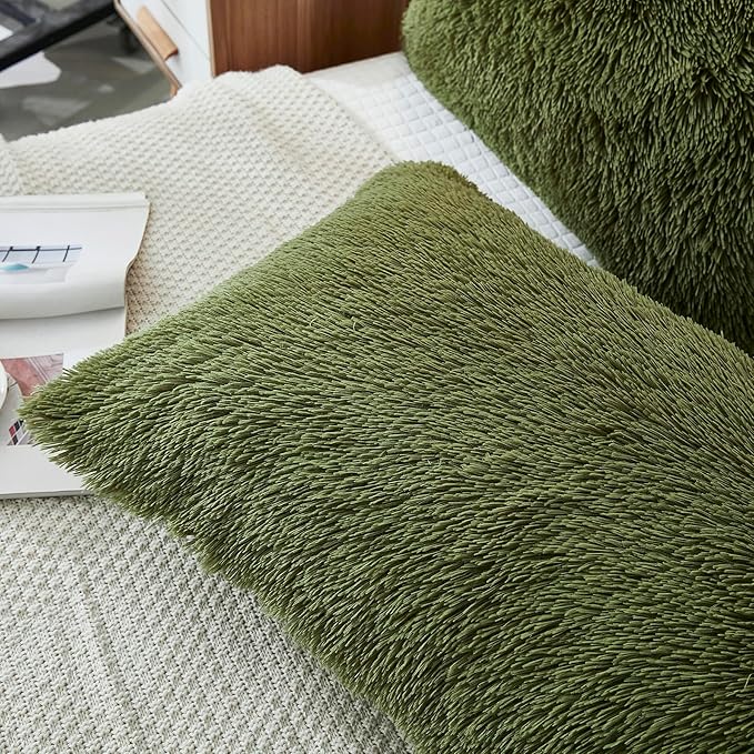 Uhamho Set of 2 Standard Pillowcases Faux Fur Throw Pillow Covers Queen Size Shams Soft Velvet Decorative Zipper Closure (Sage, 20"x26")