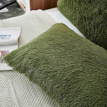 Uhamho Set of 2 Standard Pillowcases Faux Fur Throw Pillow Covers Queen Size Shams Soft Velvet Decorative Zipper Closure (Sage, 20"x26")