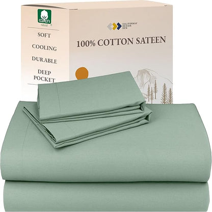 California Design Den Natural 100% Cotton Bed Sheets King Size Set - Soft Sateen Weave, Fully Elasticized Deep Pocket King Sheet Set, Breathable and Durable Bedding - Frosty Green