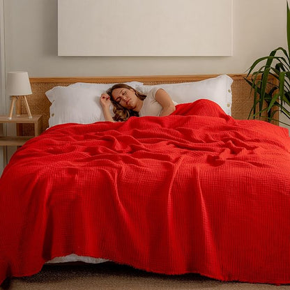 Muslin Blanket - Pure 100% Turkish Cotton Airy Soft Light Versatile Gauze Throw Blanket for Bed, Couch, Sofa (Red, Twin XL Size (71" x 95" inch))
