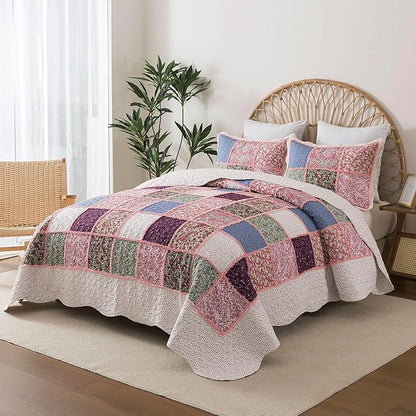 HoneiLife Queen Quilt Bedding Sets - Patchwork Quilt Bedding Sets 3-Piece 90x96, Reversible Bedspreads Floral Coverlet Nostalgic Bedding Set All Season Quilts