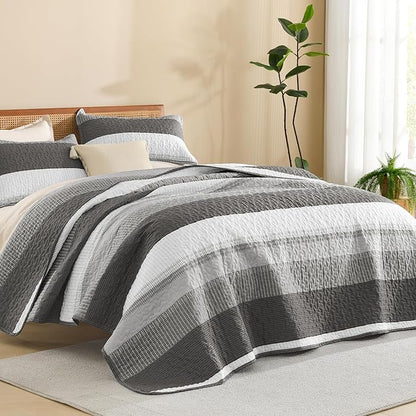 Litanika Oversized King Quilt Set Dark Grey, 120x98 Stripe Bedspread Coverlet 3 Pieces, Dark Grey Lightweight Quilted Bedding Set for All Season(Oversized King-1 Quilt, 2 Pillowcases)