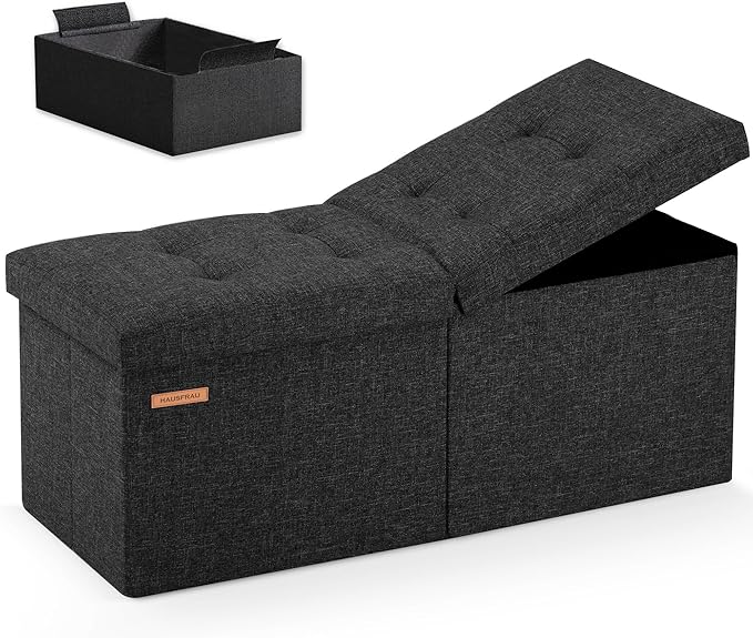 HAUSFRAU 31.5 Inches Ottoman with Storage, Folding Ottoman Bench Small Foot Rest Stool, Bedroom Bench with Flipping Lid, Linen Black