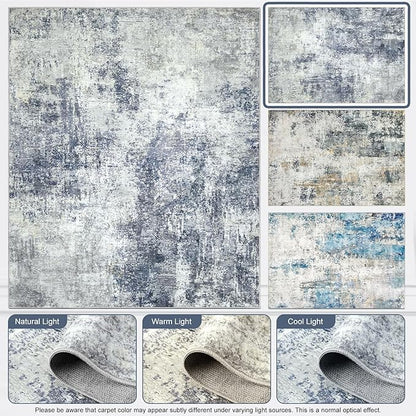 Washable Area Rug 5x7 - Neutral Modern Abstract Rugs, Soft Non Slip Thin Carpet with for Bedroom, Under Dining Room Table, Home, Office, Dorm, Office Rolling Chair - Indigo Gray