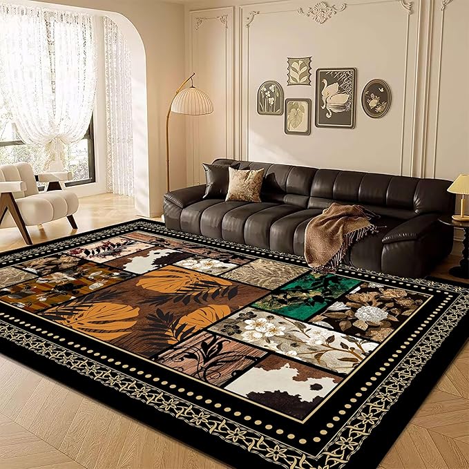 Patchwork Floral & Tropical Leaf Area Rug 6x9ft, Vintage Boho Pattern Low Pile Carpet, Non-Slip & Machine Washable for Bedroom, Living Room, Farmhouse, Home Office