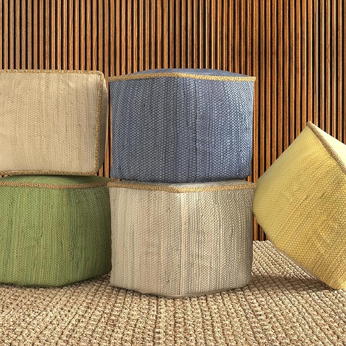 LR Home Birch/Silver Bordered Hand-Loomed Cotton Blend Cube Pouf with Jute Braid for Home Décor | Transitional Foot Rest for Bedroom & Living Room | 18 x 18 x 18 Stuffed Ottoman for Seating