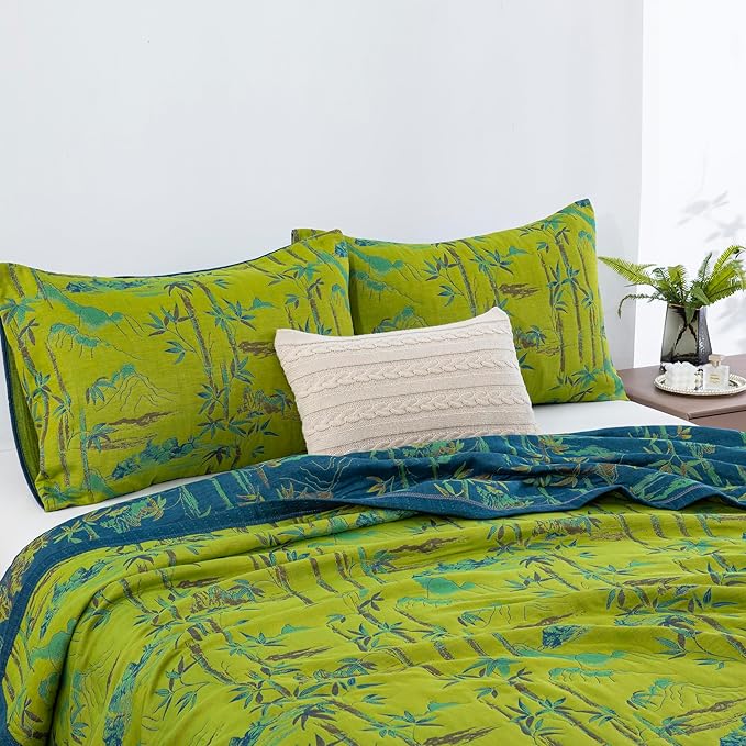 100% Cotton Muslin Jacquard 3 Piece Quilt Set Botanical Bamboo Leaf Print, Soft 3 Layers Gauze Bed Cover Reversible Bedspread Coverlet Breathable Lightweight Bedding Set, Queen