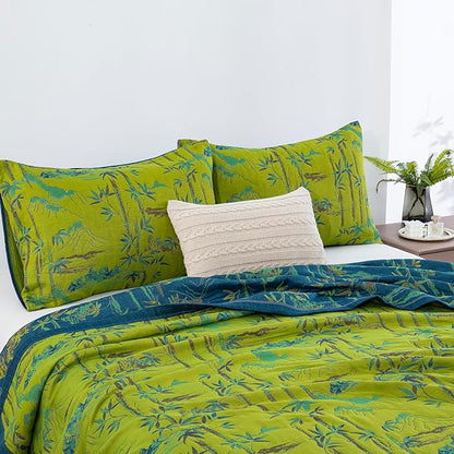 100% Cotton Muslin Jacquard 3 Piece Quilt Set Botanical Bamboo Leaf Print, Soft 3 Layers Gauze Bed Cover Reversible Bedspread Coverlet Breathable Lightweight Bedding Set, Queen