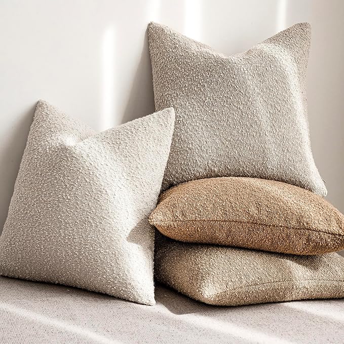 Foindtower Decorative Textured Boucle Throw Pillow Covers Accent Solid Pillow Cases Neutral Soft Cozy Couch Cushion Case for Chair Sofa Bedroom Living Room Home Decor 26 x 26 Inch,Light Beige