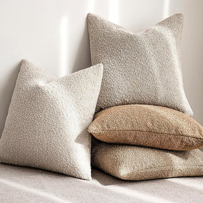 Foindtower Set of 2, Decorative Textured Boucle Throw Pillow Covers Accent Solid Pillow Cases Neutral Cozy Couch Cushion Case for Chair Sofa Bedroom Living Room Home Decor 16 x 16 Inch Ivory Beige