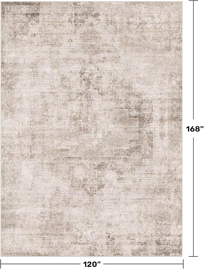 Neutral Living Room Rug - 10x14 Farmhouse Beige Brown Large Area Rug for Dining Room, Bedroom, Low Pile Lightweight Washable