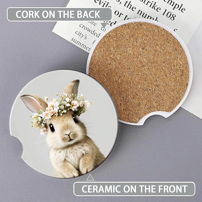 Easter Bunny Car Cup Holder Coaster,Cute Animal Rabbit Car Coasters for Cup Holder,2 PCS Absorbent Insert Ceramic Car Assecories with Cork Back & Finger Notch for Women Men