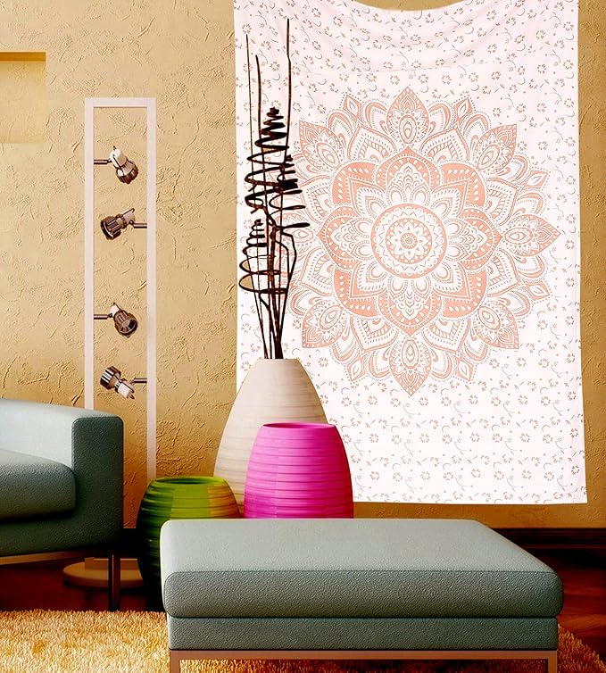 raajsee Metallic Rose Gold Tapestry Pink Mandala Wall Hangings, Indian Cotton Beach Throw Blanket, Hippie Tapestries Boho Decor Bohemian Bedding,Twin Bedspread 52x82 inches Yoga Mat Rugs