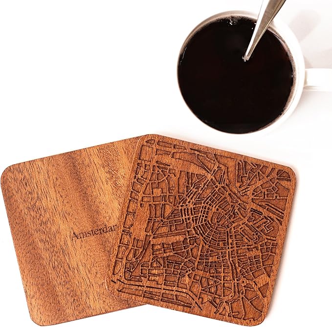 Amsterdam Map Coaster by O3 Design Studio, Set Of 4, Sapele Wooden Coaster With City Map, Handmade