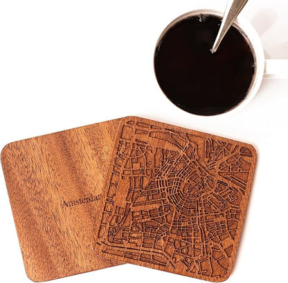 Amsterdam Map Coaster by O3 Design Studio, Set Of 4, Sapele Wooden Coaster With City Map, Handmade
