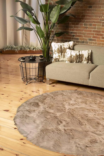 Luxe Gordon Faux Fur Rug with Soft and Fluffy Pile | Machine Washable Living Room Rug with Anti-Slip Backing | Cruelty-Free Area Rugs for Office or Bedroom, Taupe, 6 ft Dia.