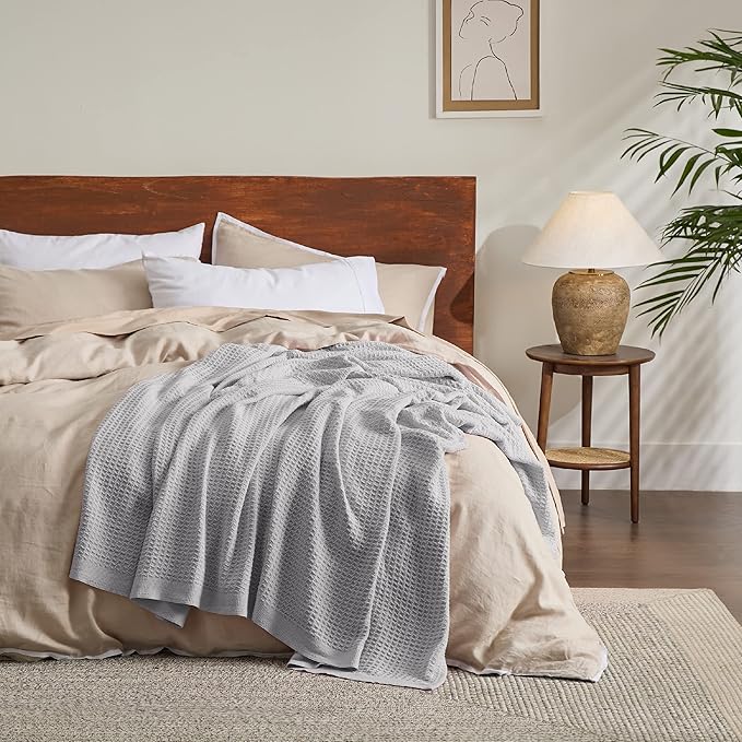 Bedsure Gentlesoft 100% Cotton Blanket King Size for Bed - Breathable and Soft, Thick Cozy Waffle Weave Christmas Blanket Gift for Women, Grey, 104x90 inches