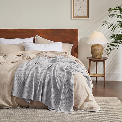 Bedsure Gentlesoft 100% Cotton Blanket King Size for Bed - Breathable and Soft, Thick Cozy Waffle Weave Christmas Blanket Gift for Women, Grey, 104x90 inches