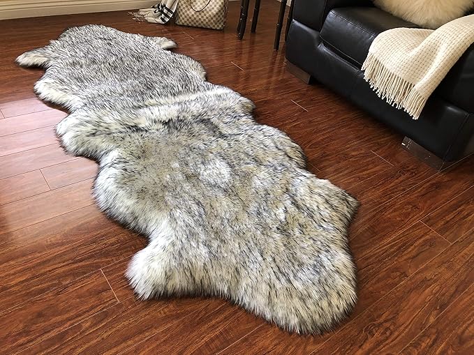 Free Shape Luxury Soft Fluffy Shag Area Rug Double 2'x6', 60x180cm - Vegan Fur Ultra Soft Indoor Carpet Nursery Rugs for Bedroom Home Decor, White/Black Tips