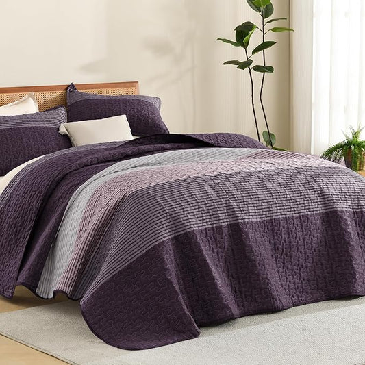 Litanika Quilt Queen Size Purple and Grey, Stripe Patchwork Summer Bedspread Coverlet 3 Pieces, Soft Lightweight Microfiber Quilted Bedding Set for All Season(1 Quilt, 2 Pillowcases)