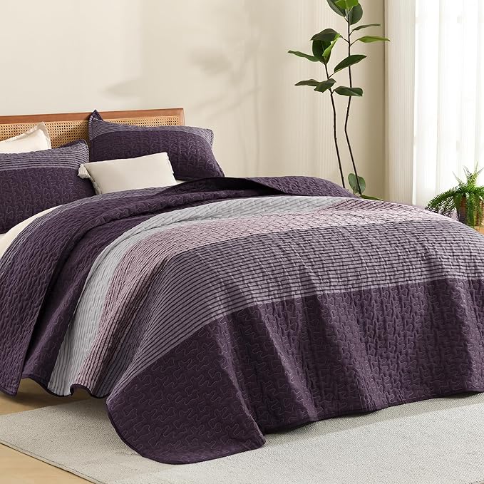 Litanika Quilt King Size Purple and Grey, Stripe Patchwork Summer Bedspread Coverlet 3 Pieces, Soft Lightweight Microfiber Quilted Bedding Set for All Season(1 Quilt, 2 Pillowcases)