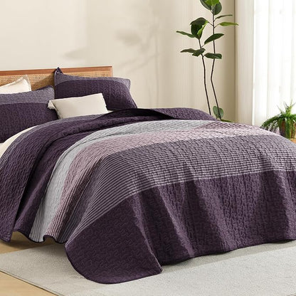 Litanika Quilt King Size Purple and Grey, Stripe Patchwork Summer Bedspread Coverlet 3 Pieces, Soft Lightweight Microfiber Quilted Bedding Set for All Season(1 Quilt, 2 Pillowcases)