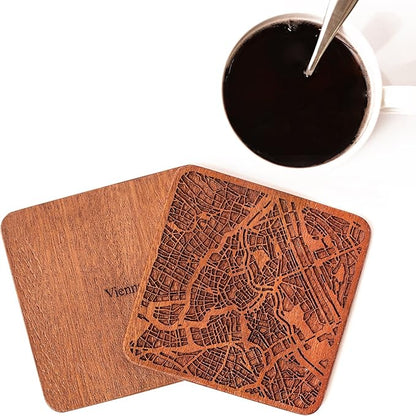 Vienna Map Coaster by O3 Design Studio, Set Of 4, Sapele Wooden Coaster With City Map, Handmade