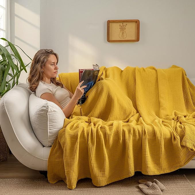 Muslin Blanket - Pure 100% Turkish Cotton Airy Soft Light Versatile Gauze Throw Blanket for Bed, Couch, Sofa (Mustard Yellow, Throw Size (50" x 66" inch))