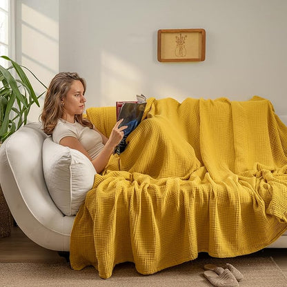 Muslin Blanket - Pure 100% Turkish Cotton Airy Soft Light Versatile Gauze Throw Blanket for Bed, Couch, Sofa (Mustard Yellow, Throw Size (50" x 66" inch))