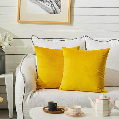 FY FIBER HOUSE Pack of 2 Velvet Throw Pillow Covers Decorative Square Pillowcase Soft Solid Cushion Case for Sofa/Couch Use, 18 x 18 Inch Yellow