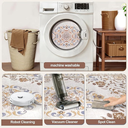 Tangsoo 5x7 Washable Area Rug, Non Slip Boho Neutral Rug for Bedroom Living Room, Vintage Beige Tan Soft Low Pile Floor Indoor Carpet for Bathroom Office Kid & Pets Friendly Home Decor