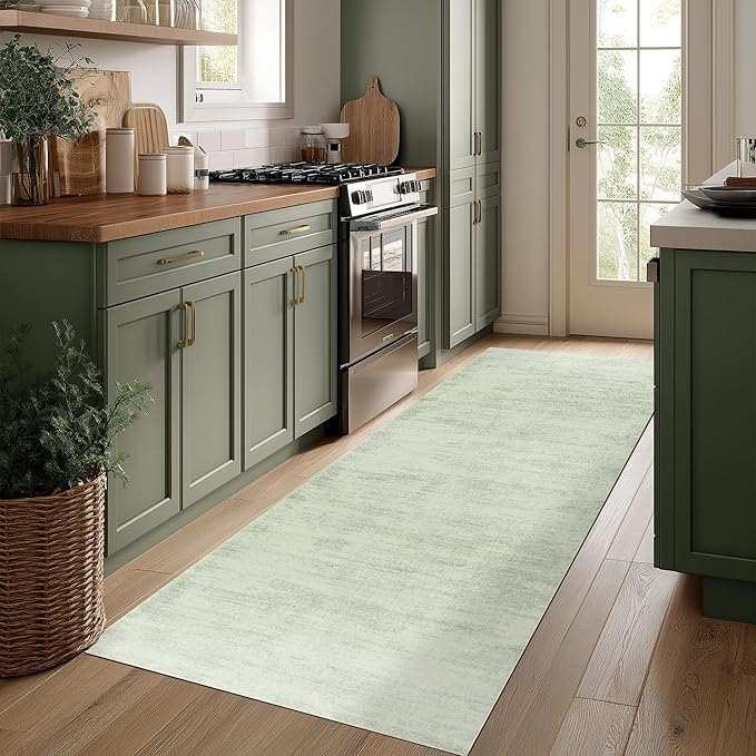 Modern Abstract Neutral Green Kitchen Rugs Non Slip Washable Low Pile Bedside Rug Runners 2x6 Sage Green Floor Covering Carpet for Bathroom Laundry Room 2 x 6