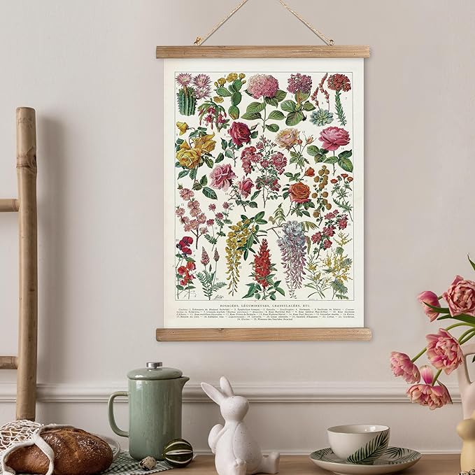 XIAOAIKA Vintage Wildflower Hanging Poster with Wooden Frame, Retro Style Wall Decor Art Painting, Patterns Printed on Linen Without Fading, Ready to Hang (12 x 16)