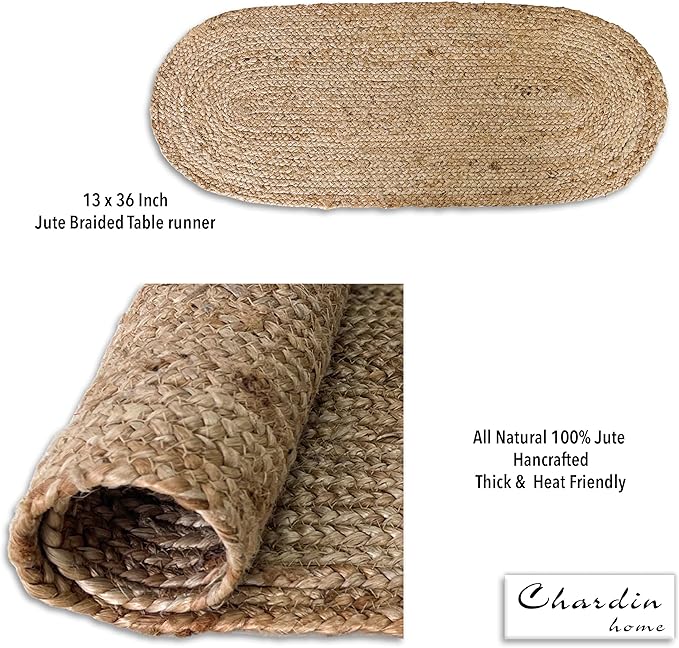 Chardin home Jute Braided Oval Table Runner | Boho Table Runner | Artisanal Center Piece for Table, Chests, Counter Tops and More | Handmade Natural Jute 13"x36"