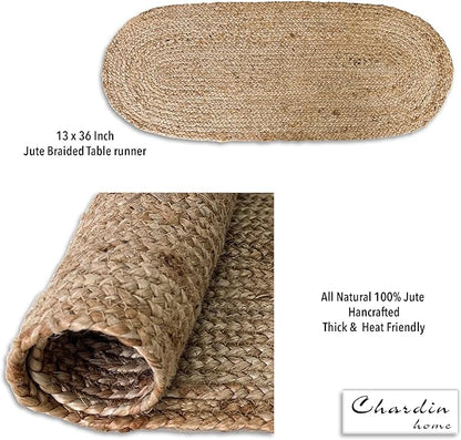 Chardin home Jute Braided Oval Table Runner | Boho Table Runner | Artisanal Center Piece for Table, Chests, Counter Tops and More | Handmade Natural Jute 13"x36"