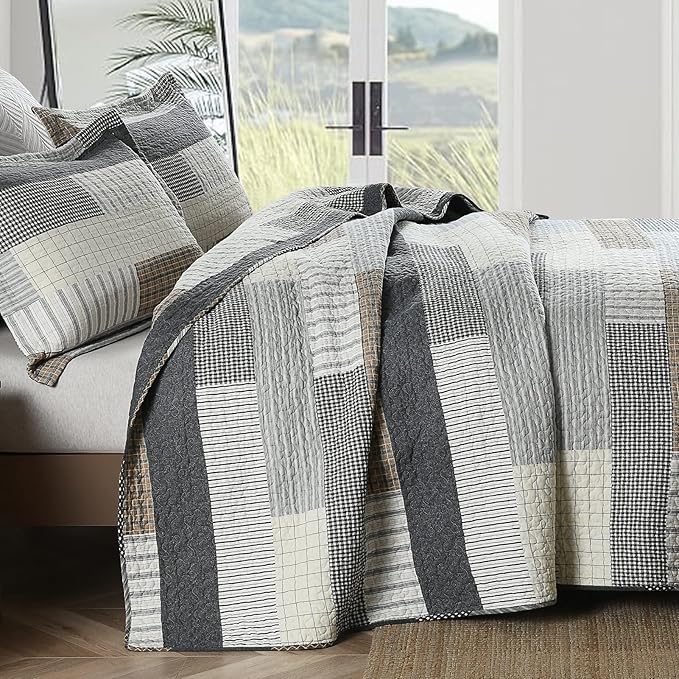 Quilts Queen Size, Queen Quilt Bedding Set Bedspread, 100% Cotton Patchwork Quilt for Queen Bed, 3 Pieces Plaid Farmhouse Reversible Lightweight Comforter Bed Spread, Grey/Tan/Black