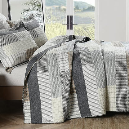 Quilts King Size, King Quilt Bedding Set Bedspread, 100% Cotton Patchwork Quilt for King Bed, 3 Pieces Plaid Farmhouse Reversible Lightweight Comforter Bed Spread, Grey/Tan/Black