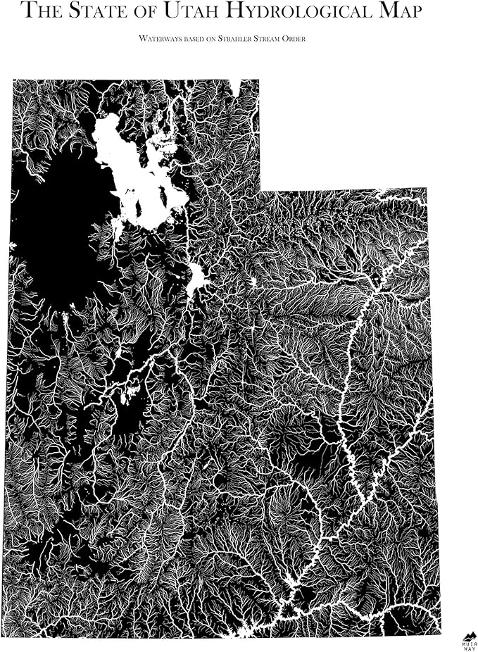 Muir Way Hydrological River Map of Utah - Watershed Topographic Wall Art for Home, Office, or Travel Decor - Unframed Flat Paper Print, 18x24