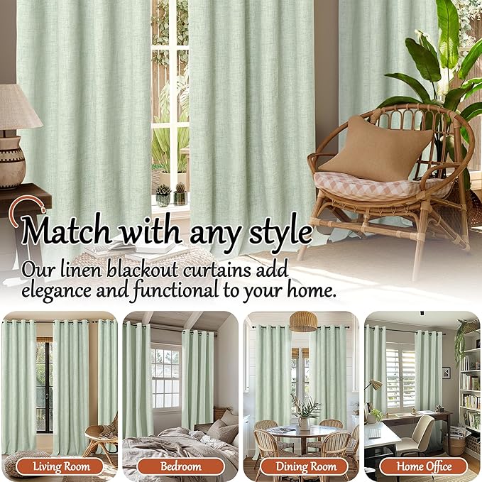 Lajode Sage Green Blackout Curtains for Bedroom - Linen Curtains 63 Inch Length Thermal Insulated Privacy Burlap Boho Window Drapes for Living Room Scandi Farmhouse Dining, 2 Panels, Each 52" Wide