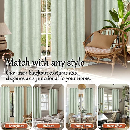 Lajode Sage Green Blackout Curtains for Bedroom - Linen Curtains 90 Inch Length Thermal Insulated Privacy Burlap Boho Window Drapes for Living Room Scandi Farmhouse Dining, 2 Panels, Each 52" Wide